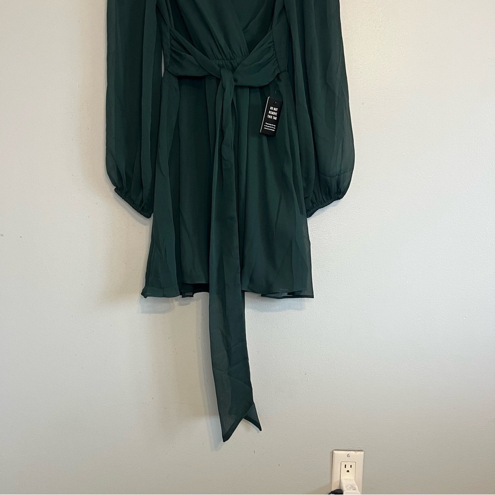 NWT Express Blouson Long Sleeve Tie Wrap Mini Dress Sz S Green Meshed Party - Picture 3 of 13